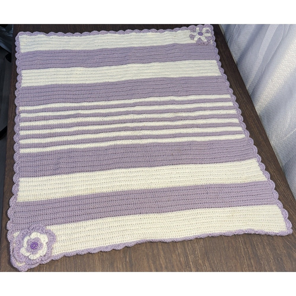 Crocheted Baby Blanket Handmade Lilac/White Stripe Crocheted Flower Accent 29x26
